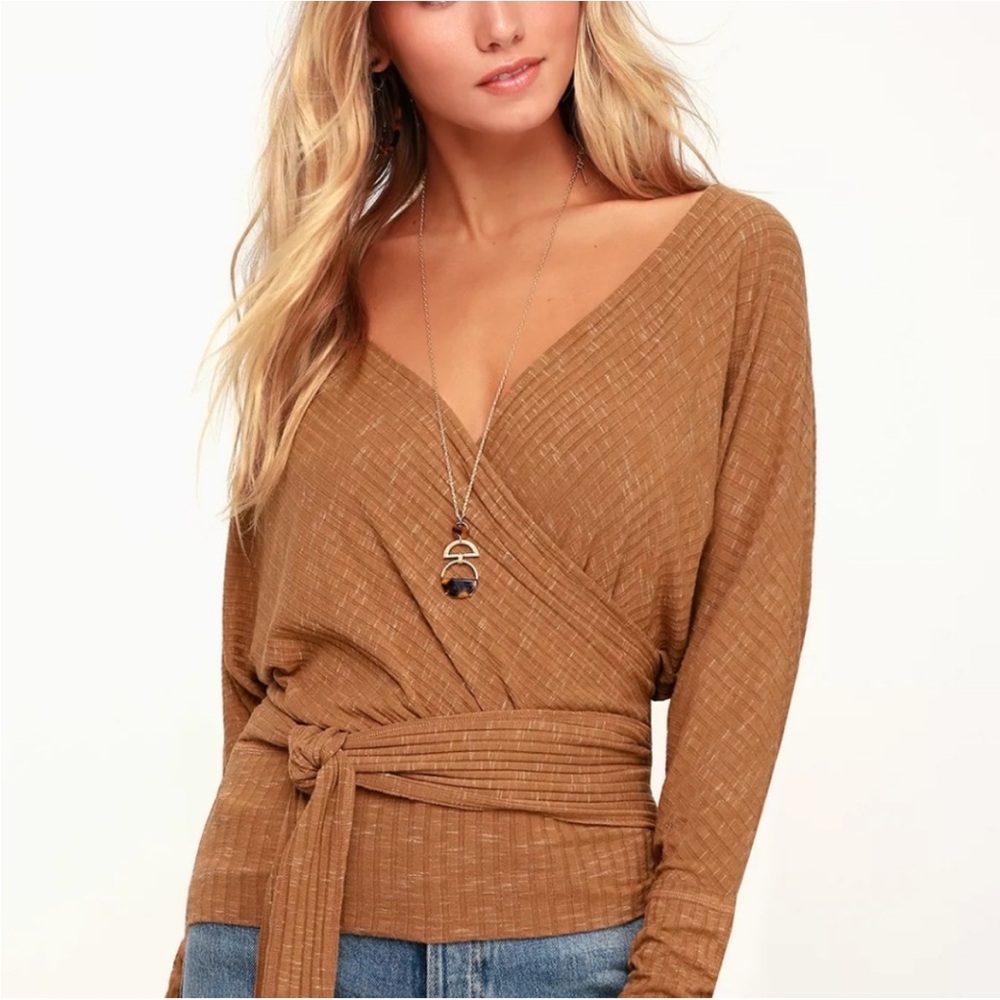 BOGO! Free People East Coast Ribbed Knit Wrap Sweater Top Tan Size XS - Picture 2 of 8